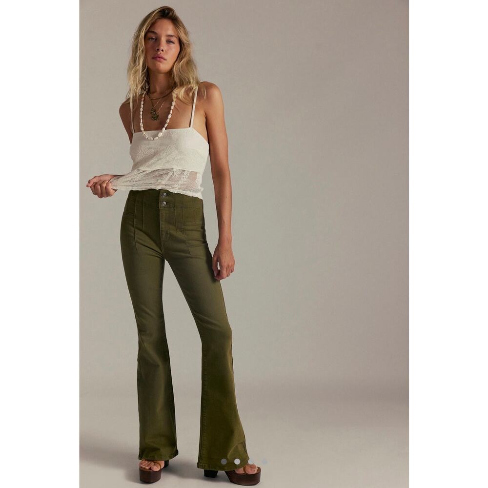 Free People We The Free Jayde Flare Jeans Olive Green High Rise Size - 29